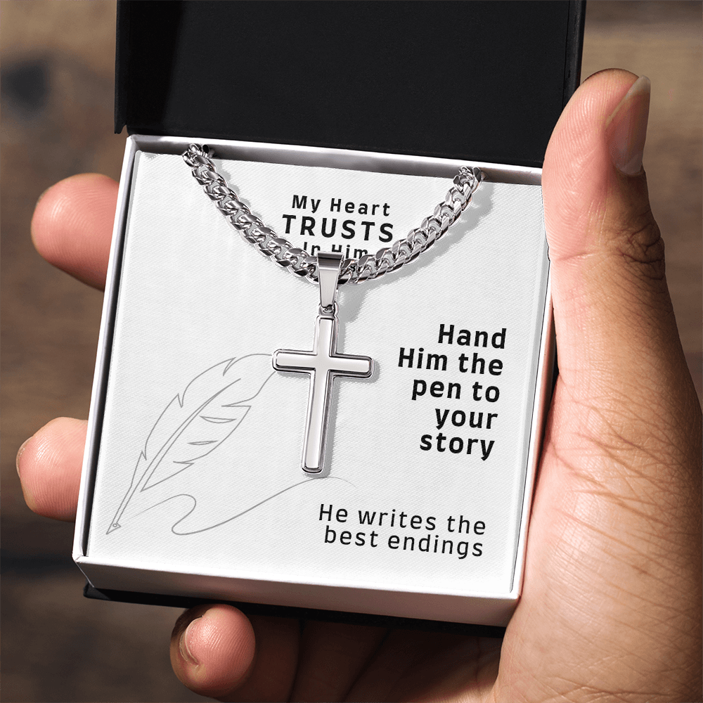My Heart Trusts In Him (Psalm 28:7) | Premium Sterling Silver Cuban Link Cross Necklace