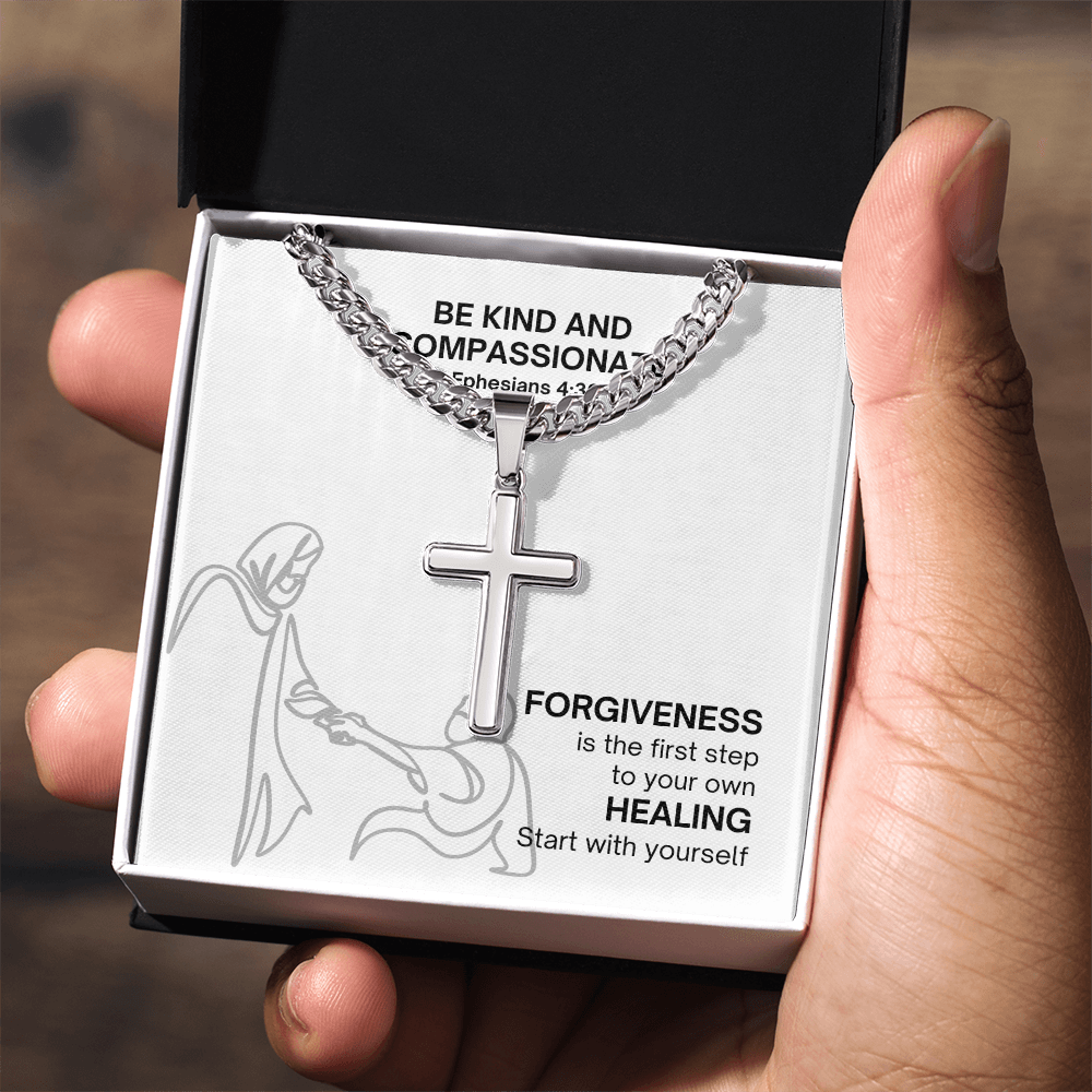 Be Kind And Compassionate (Ephesians 4:32) | Premium Sterling Silver Cuban Link Cross Necklace