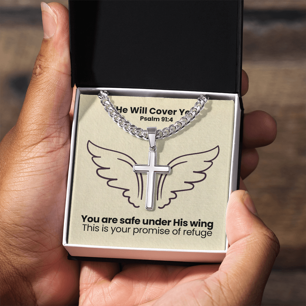 He Will Cover You (Psalm 91:4) | Premium Sterling Silver Cuban Link Cross Necklace