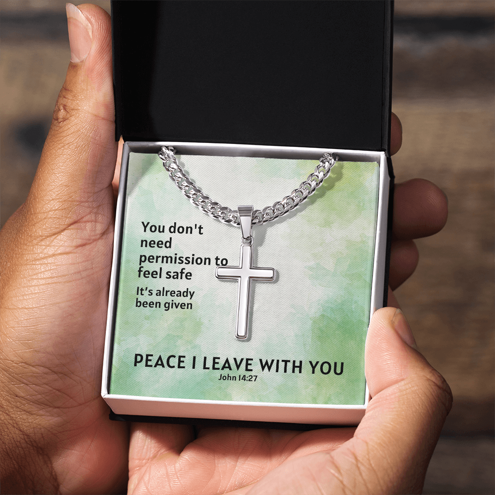 Peace I Leave With You (John 14:27) | Premium Sterling Silver Cuban Link Cross Necklace
