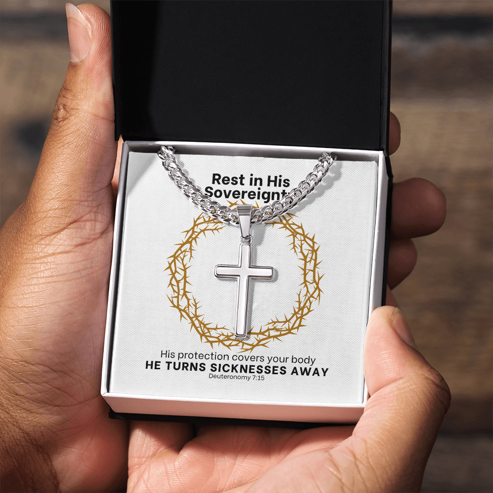 He Turns Sicknesses Away (Deuteronomy 7:15) | Premium Sterling Silver Cuban Link Cross Necklace