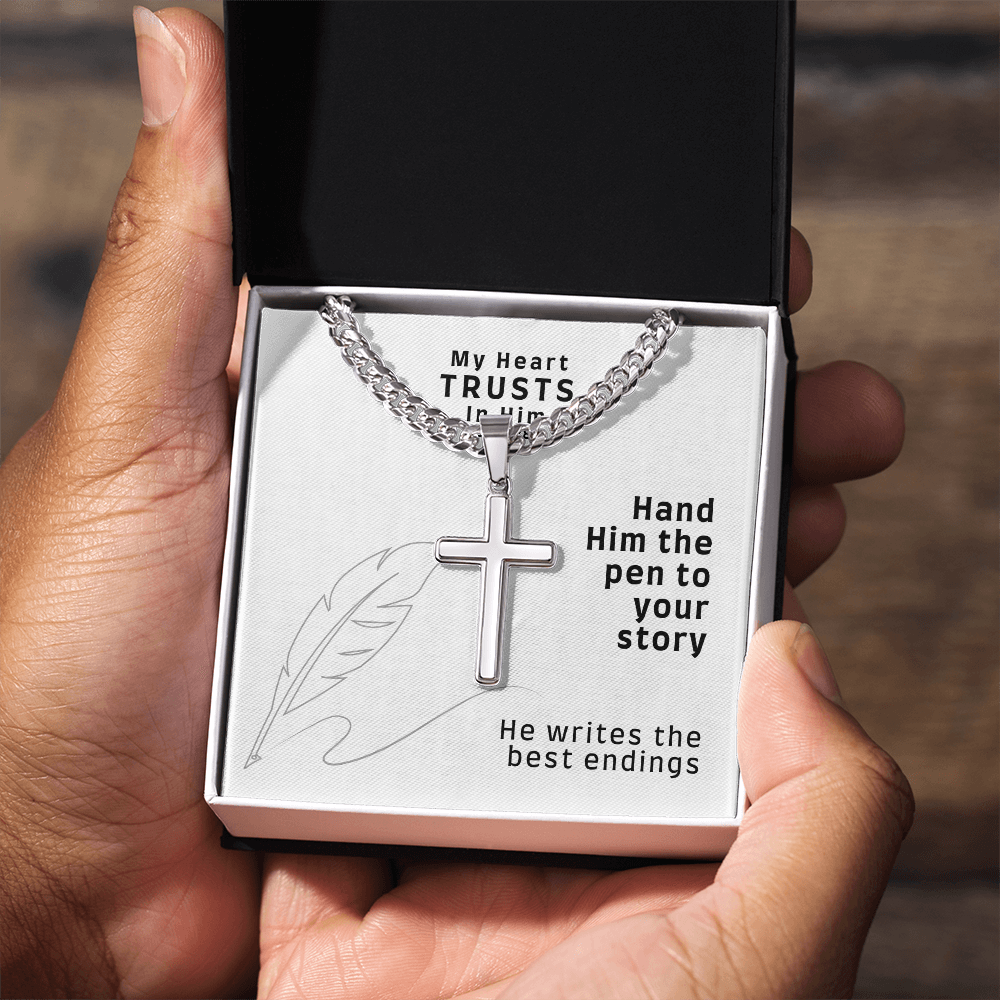 My Heart Trusts In Him (Psalm 28:7) | Premium Sterling Silver Cuban Link Cross Necklace