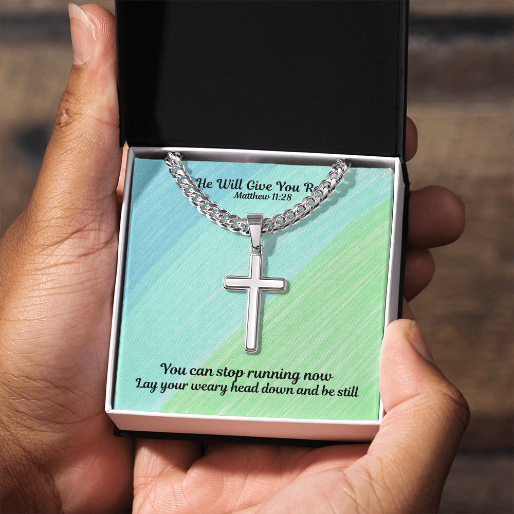 He Will Give You Rest (Matthew 11:28) | Premium Sterling Silver Cuban Link Cross Necklace