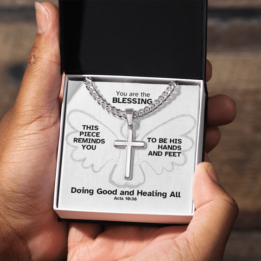 Doing Good And Healing All (Acts 10:38) | Premium Sterling Silver Cuban Link Cross Necklace