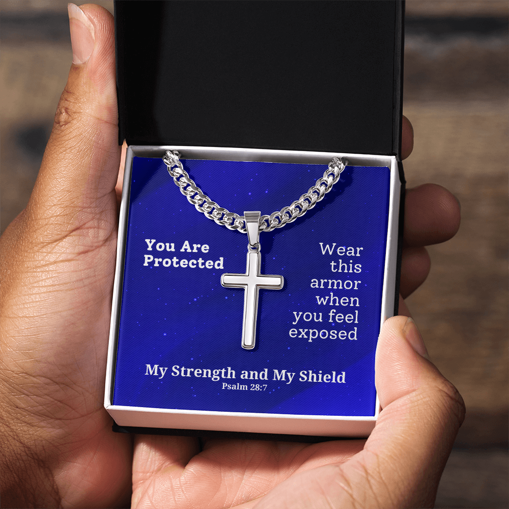 My Strength and My Shield (Psalm 28:7) | Premium Sterling Silver Cuban Link Cross Necklace