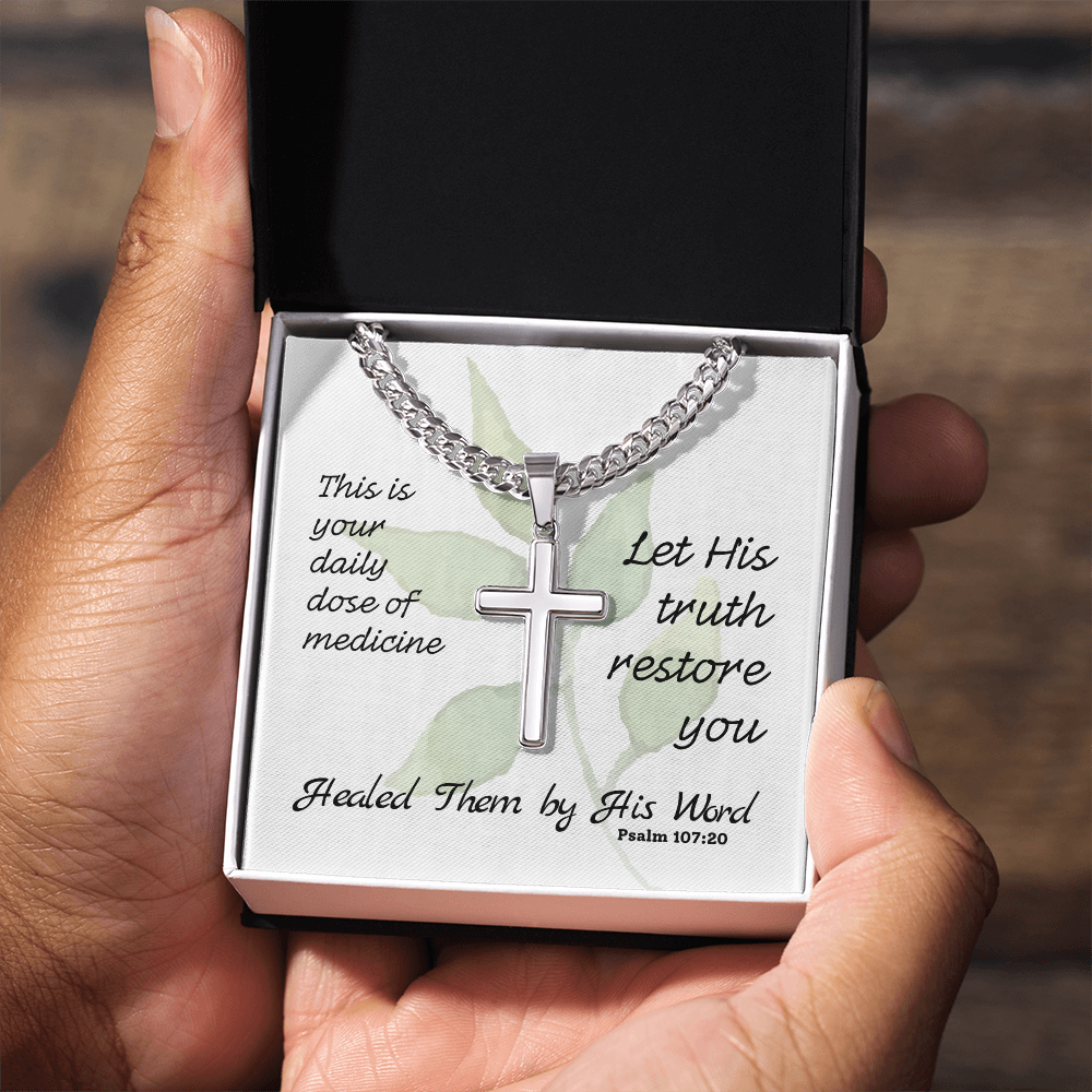 Healed Them By His Words (Psalm 107:20) | Premium Sterling Silver Cuban Link Cross Necklace