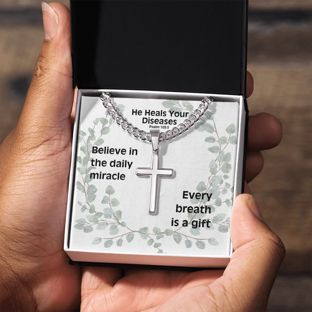 He Heals Your Diseases (Psalm 103:3) | Premium Sterling Silver Cuban Link Cross Necklace