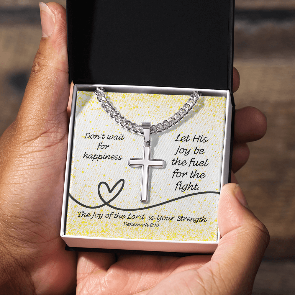 The Joy of the Lord Is Your Strength (Nehemiah 8:10) | Premium Sterling Silver Cuban Link Cross Necklace