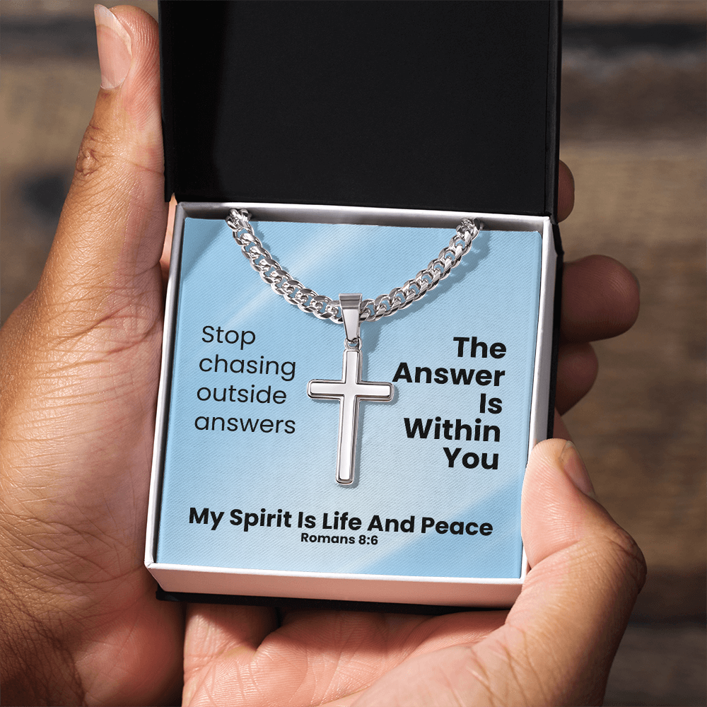 My Spirit Is Life And Peace (Romans 8:6) | Premium Sterling Silver Cuban Link Cross Necklace