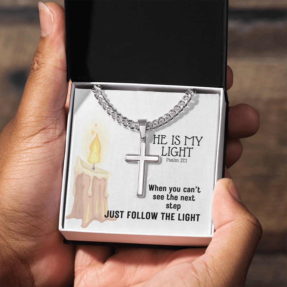 He Is My Light (Psalm 27:1) | Premium Sterling Silver Cuban Link Cross Necklace