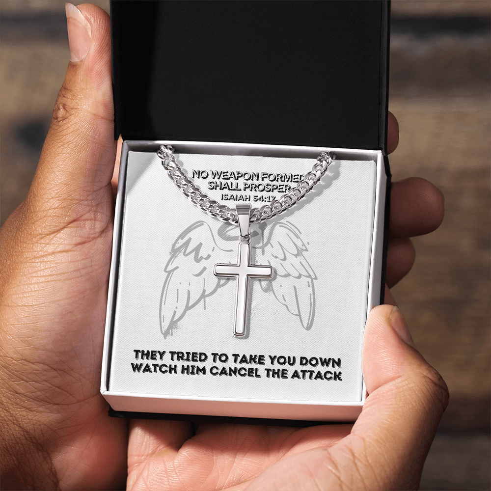 No Weapon Formed Shall Prosper (Isaiah 54:17) | Premium Sterling Silver Cuban Link Cross Necklace