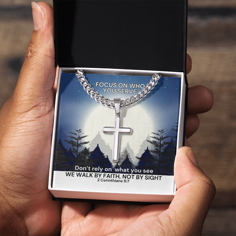 We Walk By Faith, Not By Sight (2 Corinthians 5:7) | Premium Sterling Silver Cuban Link Cross Necklace