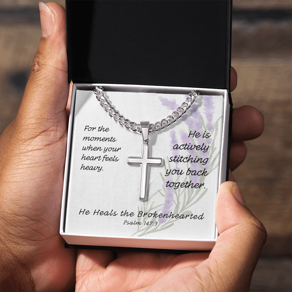 He Heals The Brokenhearted (Psalm 147:3) | Premium Sterling Silver Cuban Link Cross Necklace