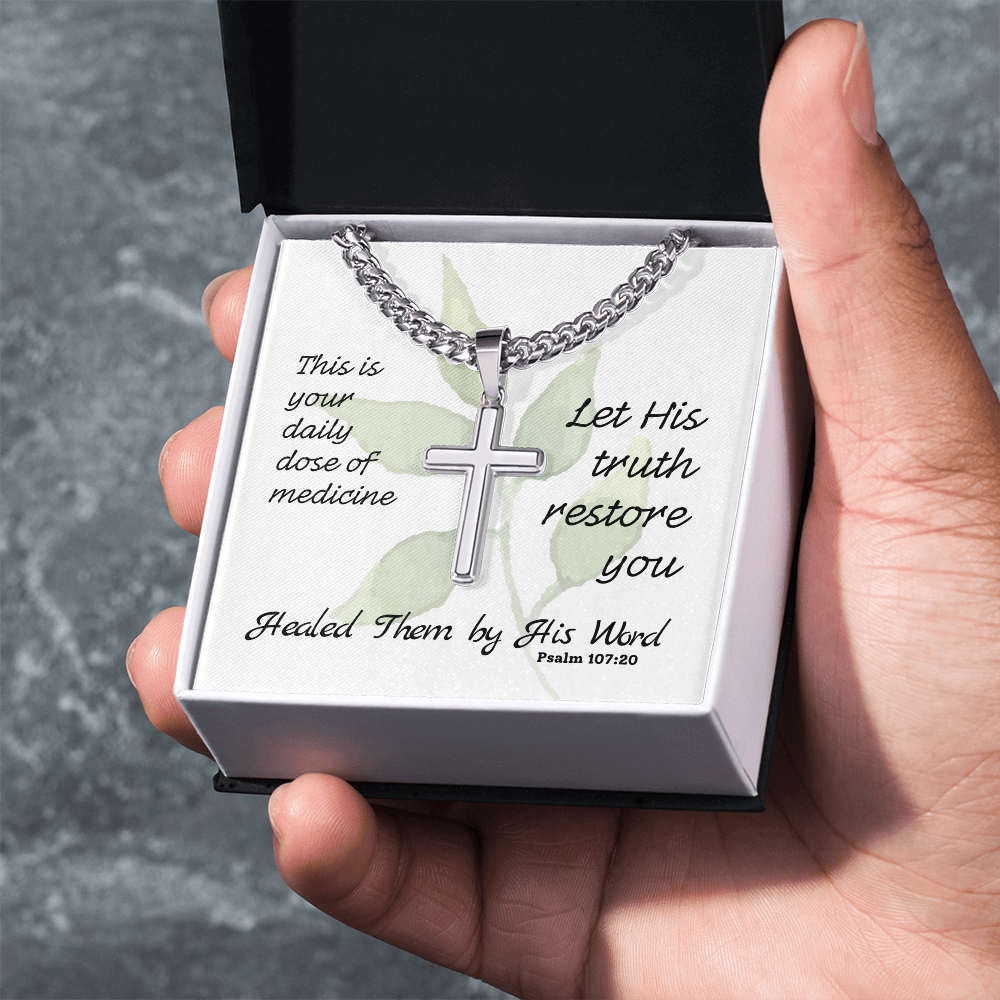 Healed Them By His Words (Psalm 107:20) | Premium Sterling Silver Cuban Link Cross Necklace