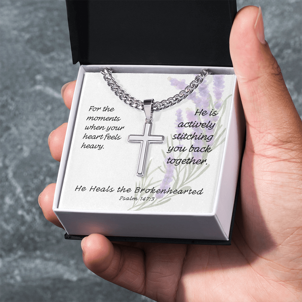 He Heals The Brokenhearted (Psalm 147:3) | Premium Sterling Silver Cuban Link Cross Necklace