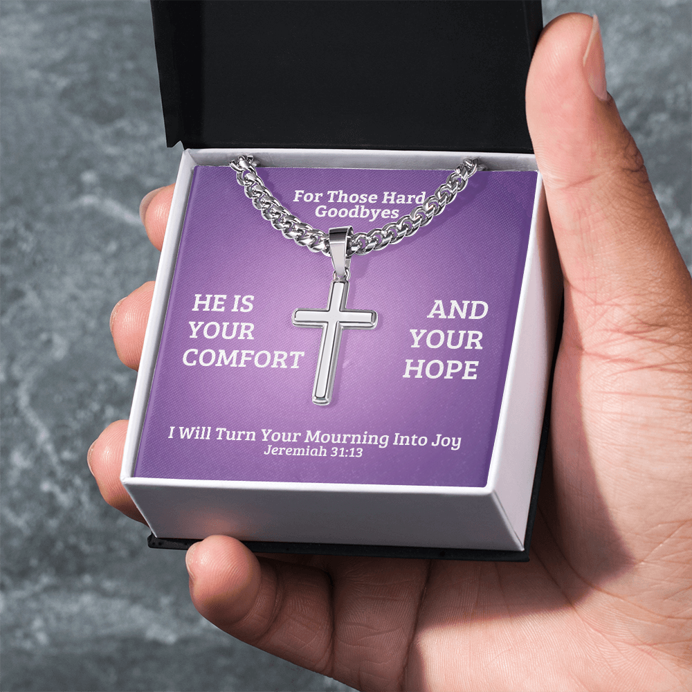 I Will Turn Your Mourning Into Joy (Jeremiah 31:13) | Premium Sterling Silver Cuban Link Cross Necklace