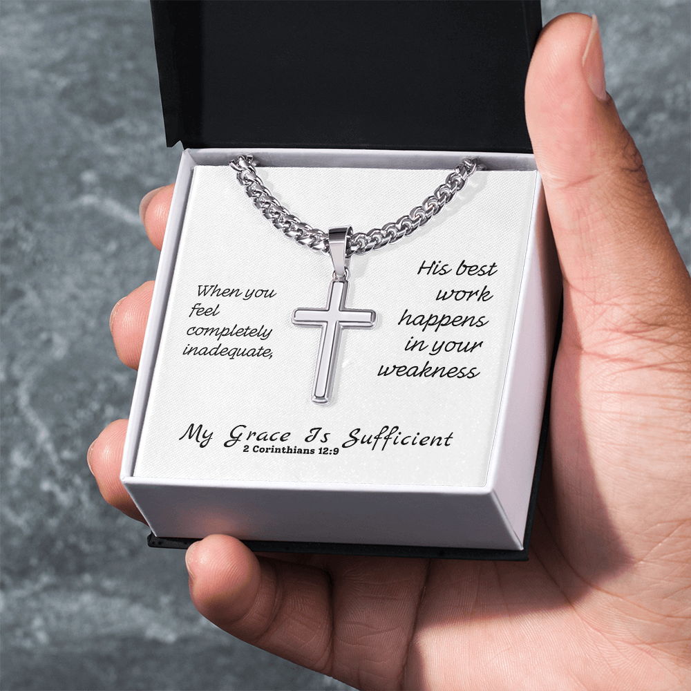 My Grace Is Sufficient (2 Corinthians 12:9) | Premium Sterling Silver Cuban Link Cross Necklace