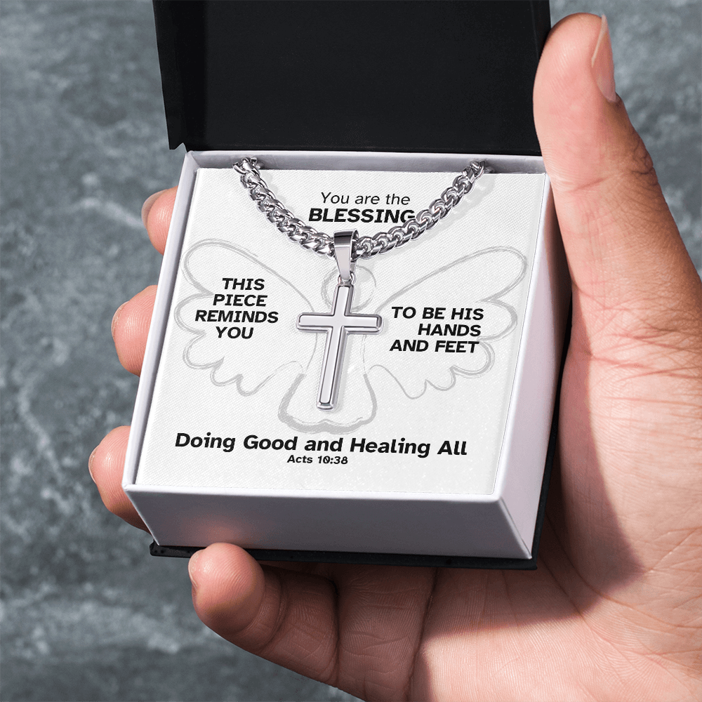 Doing Good And Healing All (Acts 10:38) | Premium Sterling Silver Cuban Link Cross Necklace