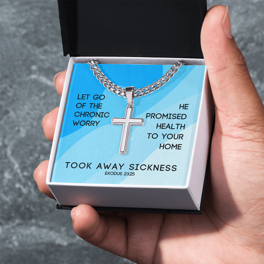 Took Away Sickness (Exodus 23:25) | Premium Sterling Silver Cuban Link Cross Necklace