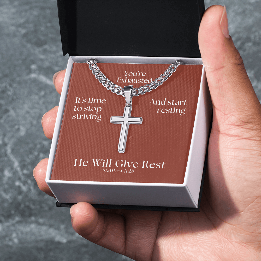 He Will Give  Rest (Matthew 11:28) | Premium Sterling Silver Cuban Link Cross Necklace