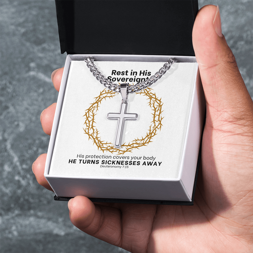 He Turns Sicknesses Away (Deuteronomy 7:15) | Premium Sterling Silver Cuban Link Cross Necklace