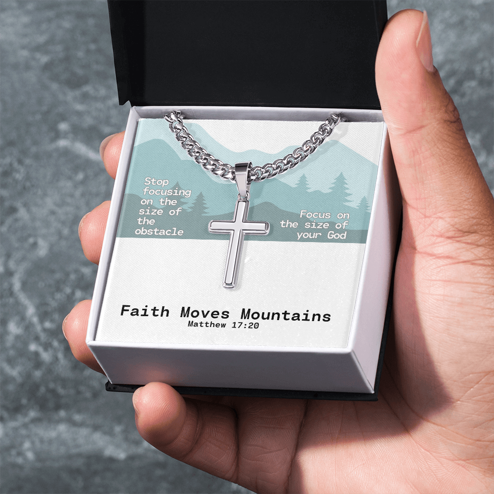 Faith Moves Mountains (Matthew 17:20) | Premium Sterling Silver Cuban Link Cross Necklace
