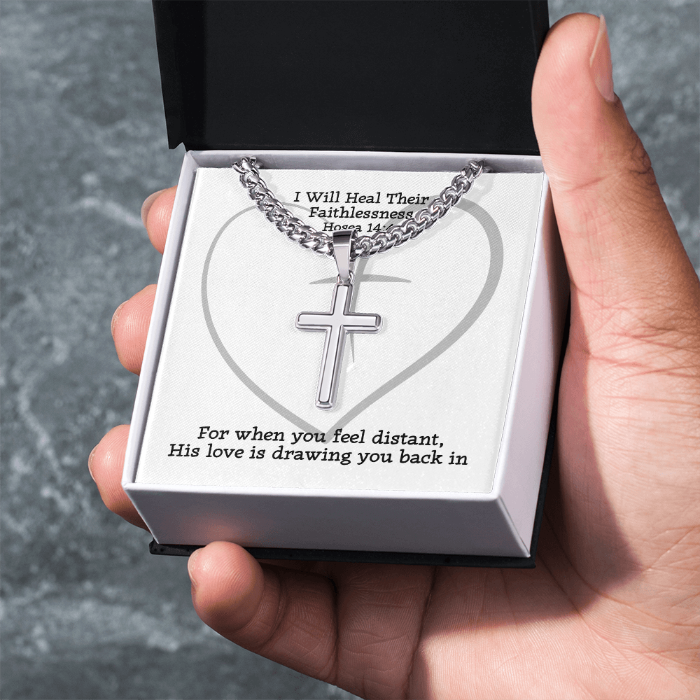 I Will Heal Their  Faithlessness (Hosea 14:4) | Premium Sterling Silver Cuban Link Cross Necklace
