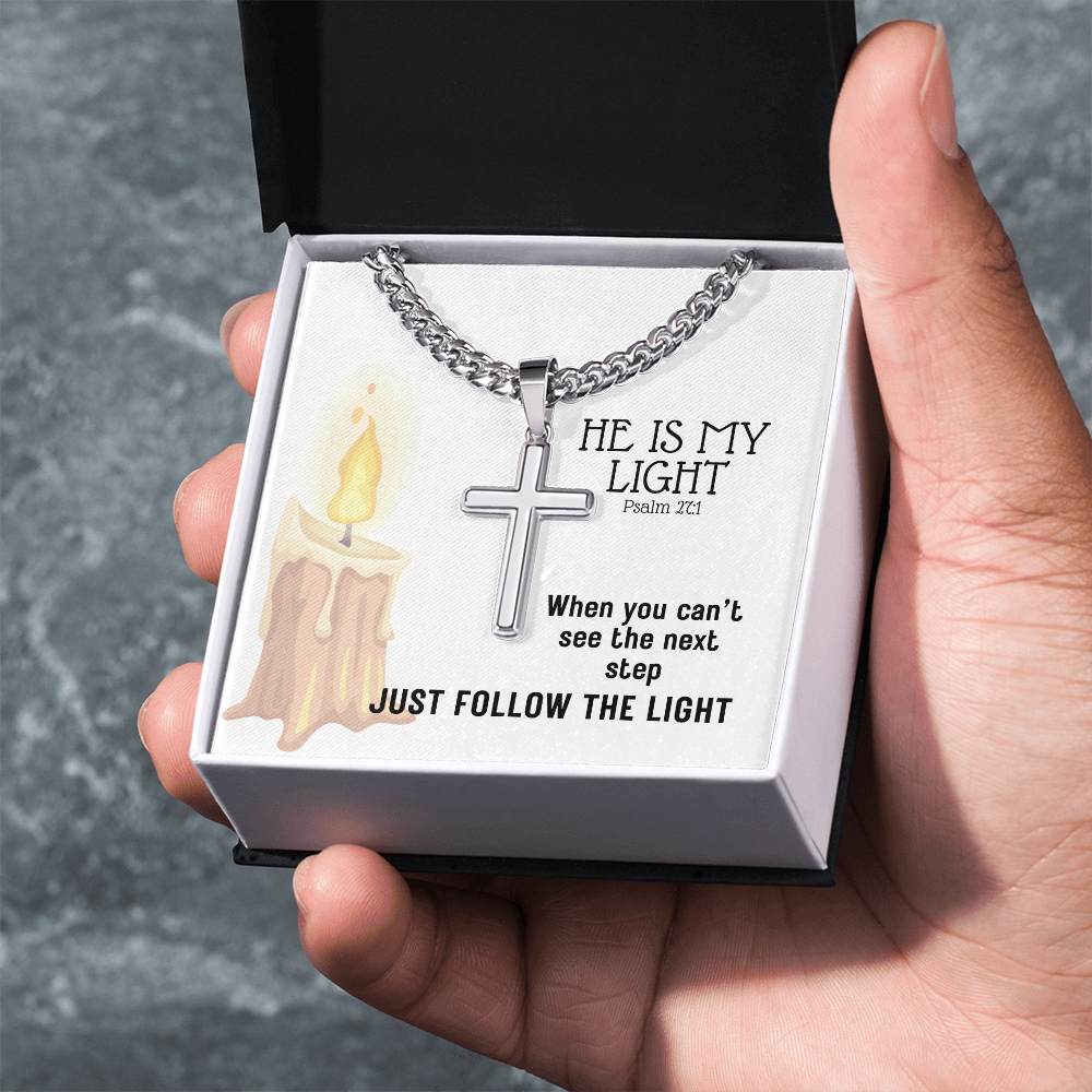 He Is My Light (Psalm 27:1) | Premium Sterling Silver Cuban Link Cross Necklace