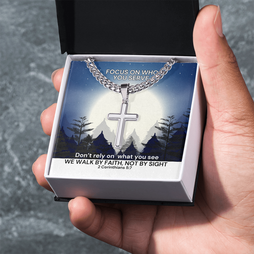 We Walk By Faith, Not By Sight (2 Corinthians 5:7) | Premium Sterling Silver Cuban Link Cross Necklace