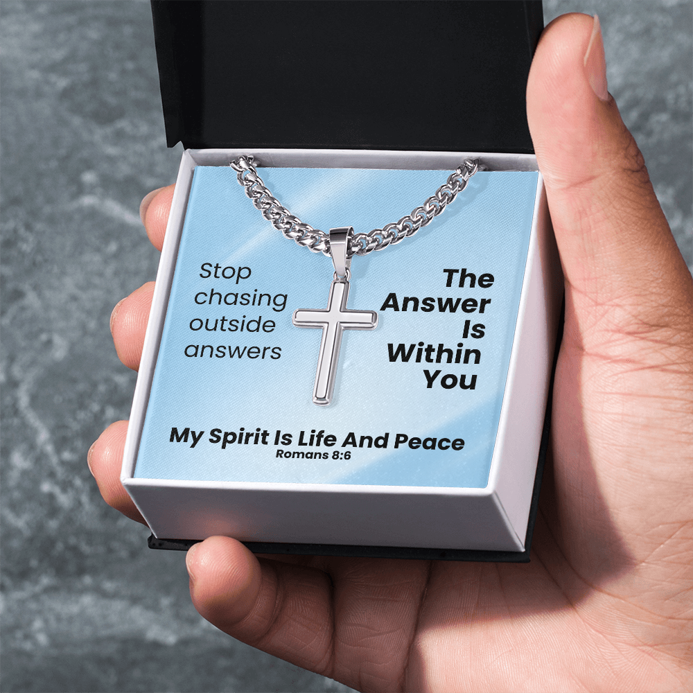 My Spirit Is Life And Peace (Romans 8:6) | Premium Sterling Silver Cuban Link Cross Necklace