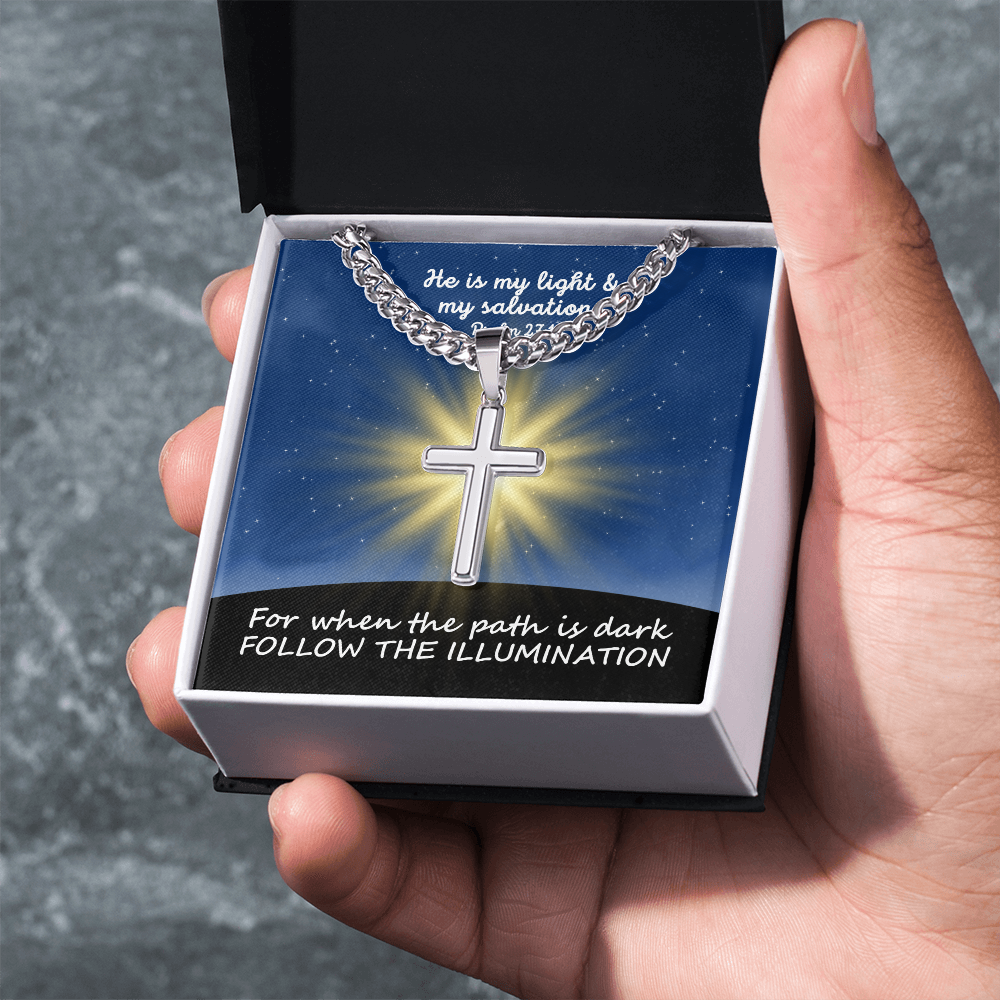 He Is My Light & My Salvation (Psalm 27:1) | Premium Sterling Silver Cuban Link Cross Necklace