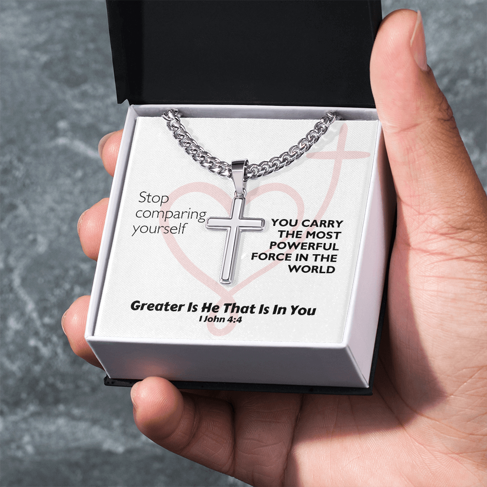 Greater Is He That Is In You (1 John 4:4) | Premium Sterling Silver Cuban Link Cross Necklace