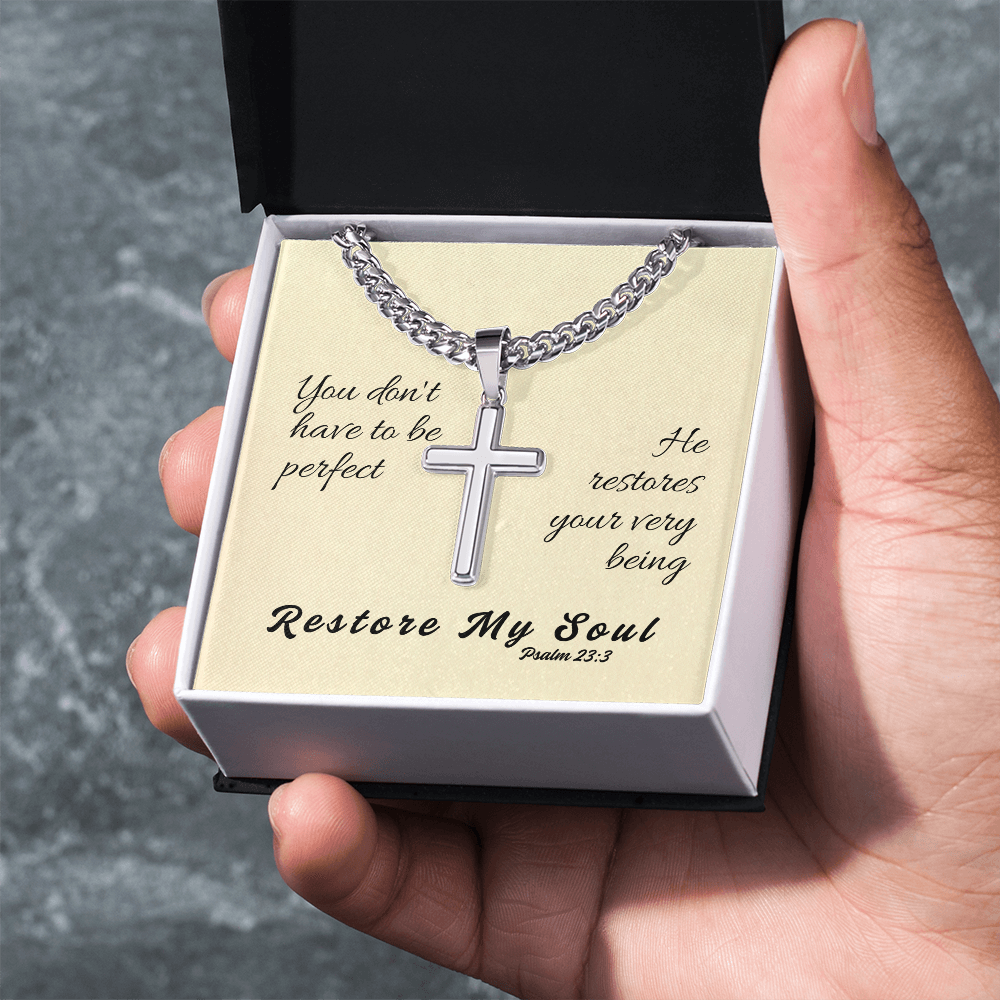 Restore My Soul (Psalm 23:3) | Premium Sterling Silver Cuban Link Cross Necklace