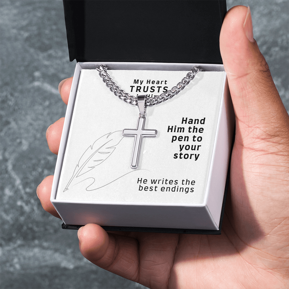 My Heart Trusts In Him (Psalm 28:7) | Premium Sterling Silver Cuban Link Cross Necklace
