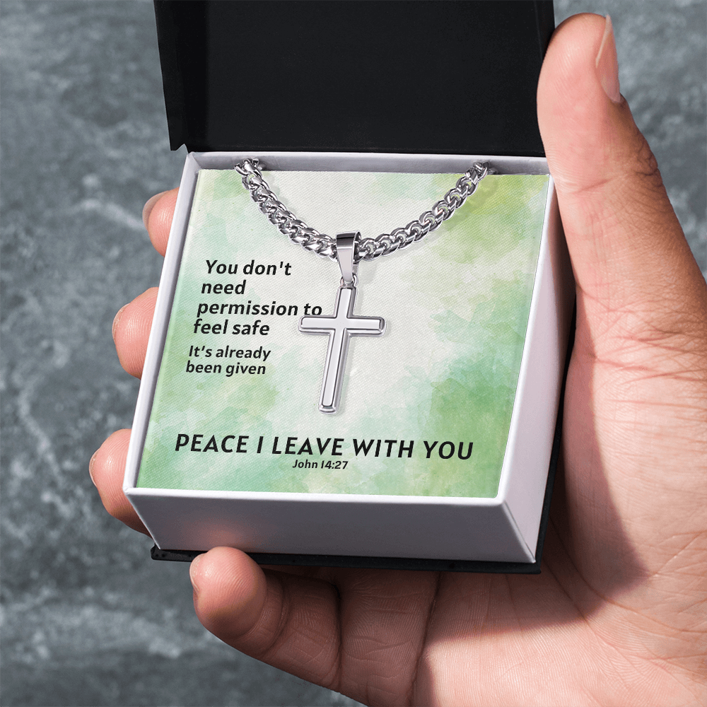 Peace I Leave With You (John 14:27) | Premium Sterling Silver Cuban Link Cross Necklace