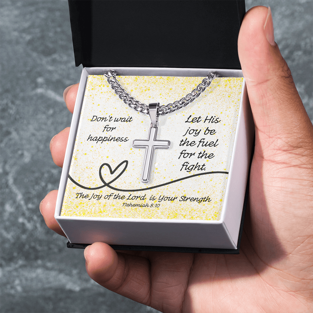 The Joy of the Lord Is Your Strength (Nehemiah 8:10) | Premium Sterling Silver Cuban Link Cross Necklace