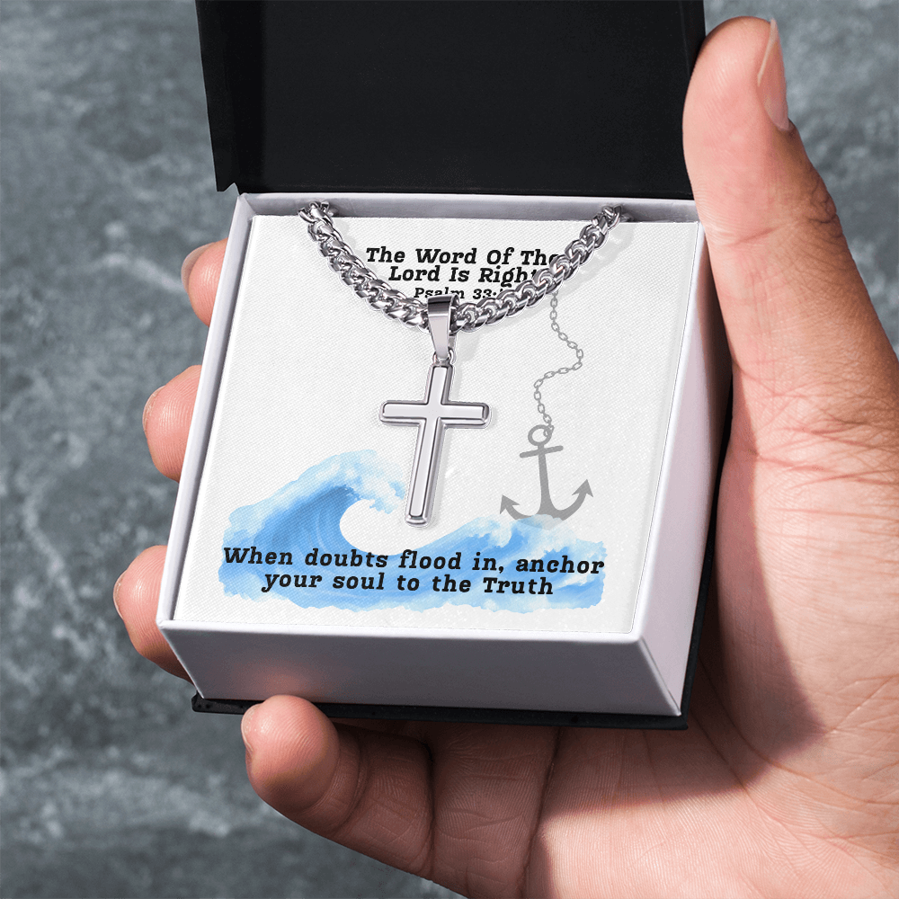 The Word Of The Lord Is Right (Psalm 33:4) | Premium Sterling Silver Cuban Link Cross Necklace
