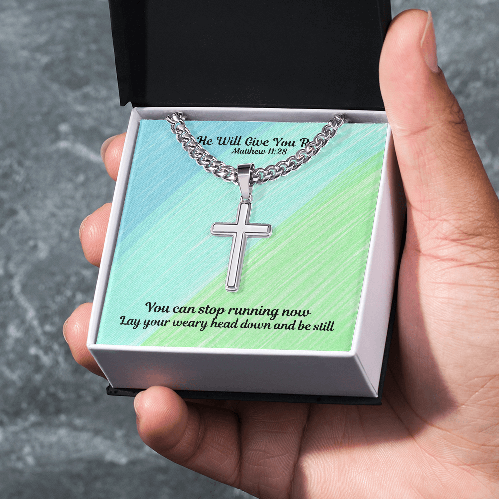 He Will Give You Rest (Matthew 11:28) | Premium Sterling Silver Cuban Link Cross Necklace
