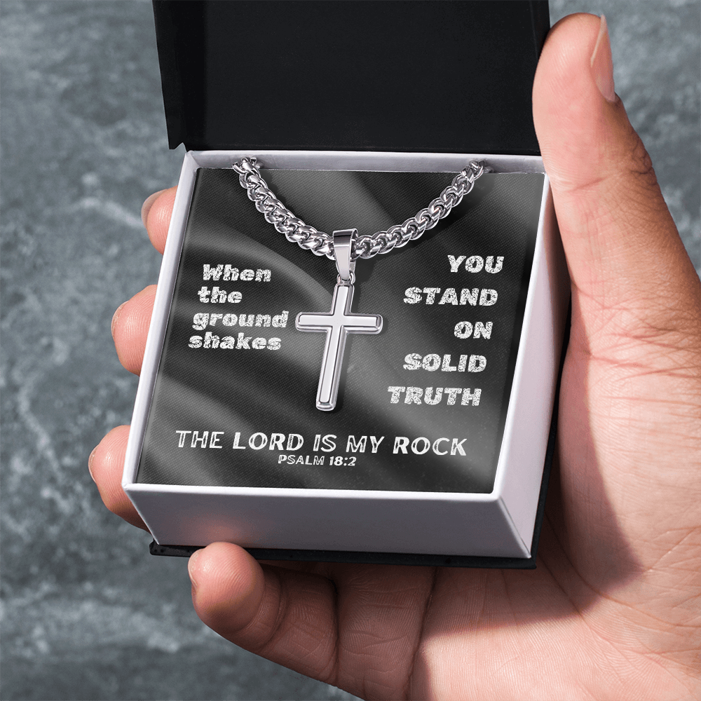 The Lord Is My Rock (Psalm 18:2) | Premium Sterling Silver Cuban Link Cross Necklace