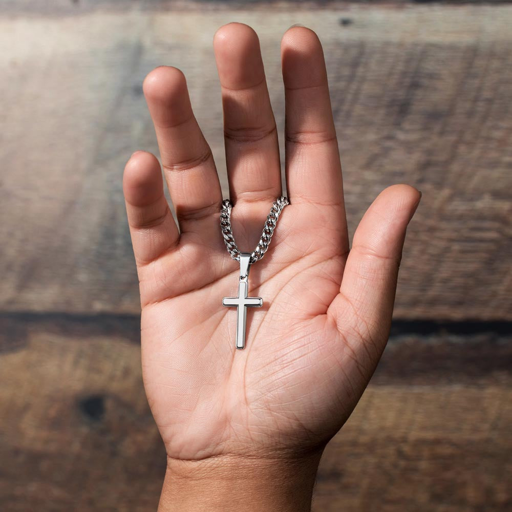 We Walk By Faith, Not By Sight (2 Corinthians 5:7) | Premium Sterling Silver Cuban Link Cross Necklace