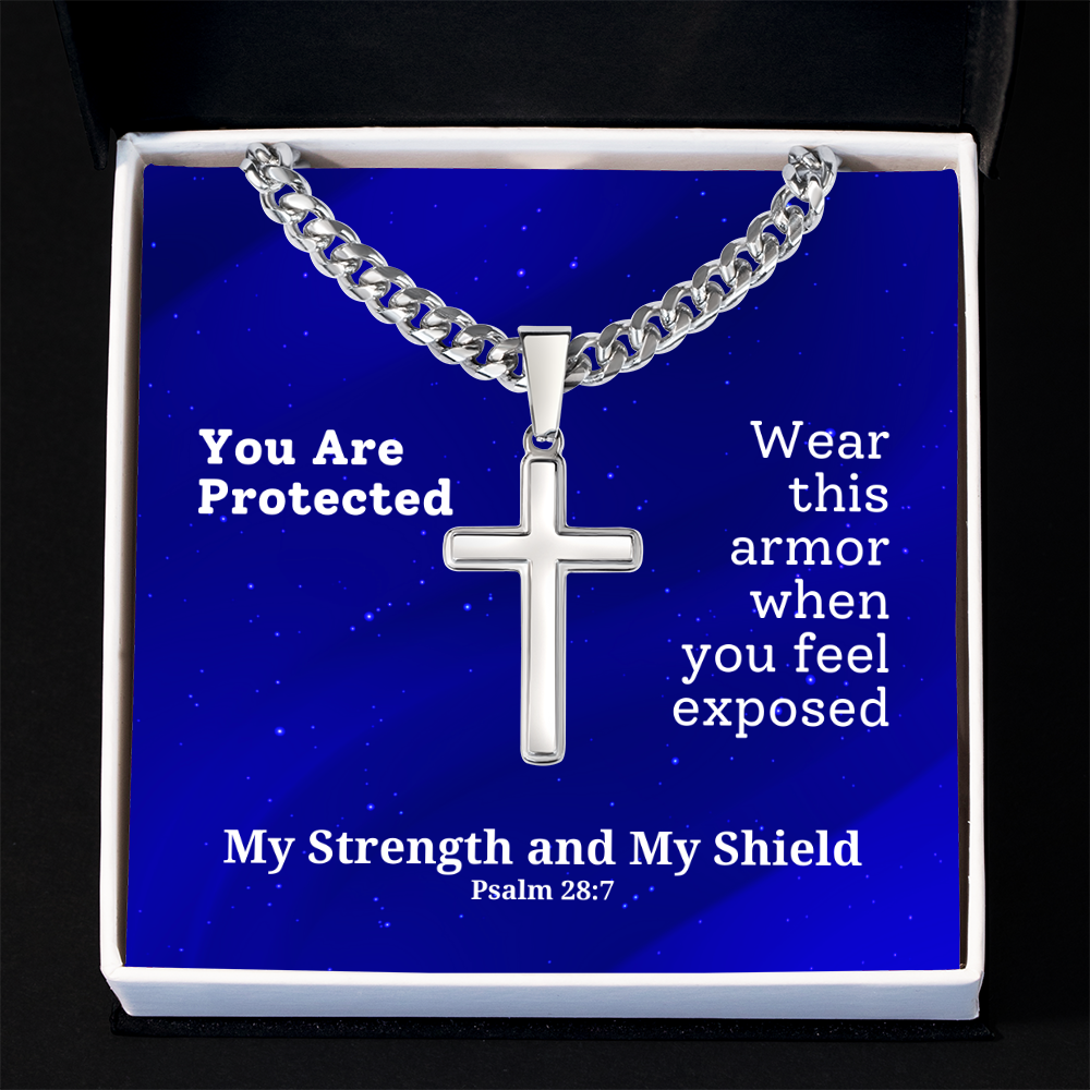 My Strength and My Shield (Psalm 28:7) | Premium Sterling Silver Cuban Link Cross Necklace