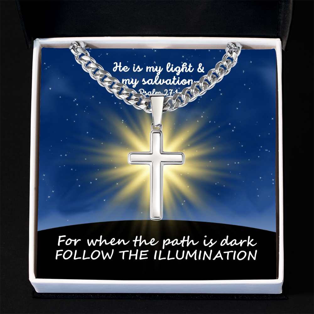 He Is My Light & My Salvation (Psalm 27:1) | Premium Sterling Silver Cuban Link Cross Necklace