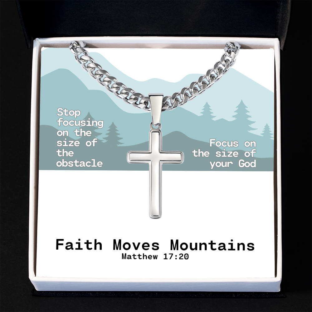 Faith Moves Mountains (Matthew 17:20) | Premium Sterling Silver Cuban Link Cross Necklace