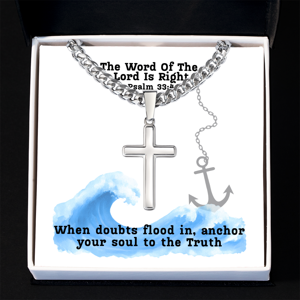 The Word Of The Lord Is Right (Psalm 33:4) | Premium Sterling Silver Cuban Link Cross Necklace