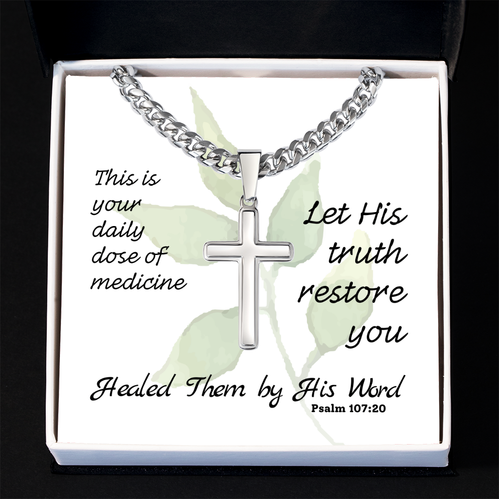 Healed Them By His Words (Psalm 107:20) | Premium Sterling Silver Cuban Link Cross Necklace