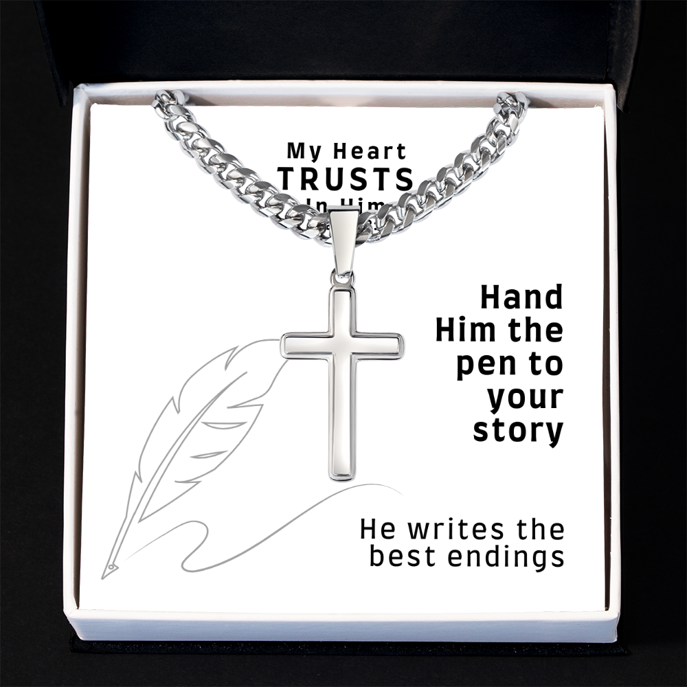 My Heart Trusts In Him (Psalm 28:7) | Premium Sterling Silver Cuban Link Cross Necklace