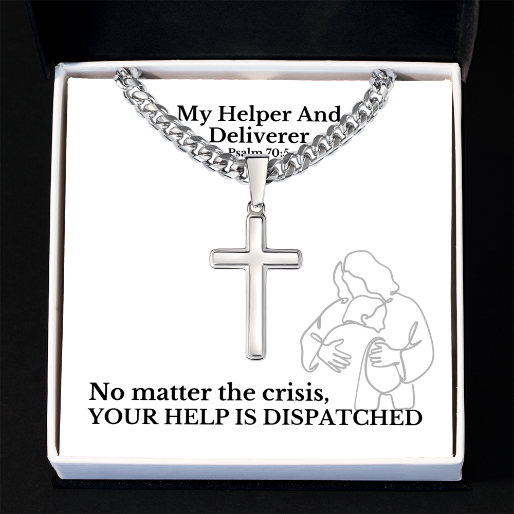 My Helper And Deliverer (Psalm 70:5) | Premium Sterling Silver Cuban Link Cross Necklace