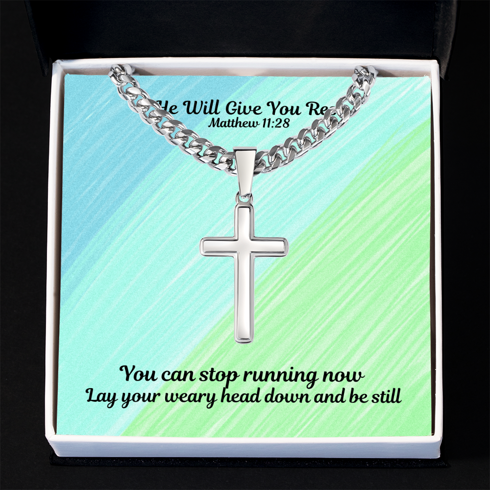 He Will Give You Rest (Matthew 11:28) | Premium Sterling Silver Cuban Link Cross Necklace