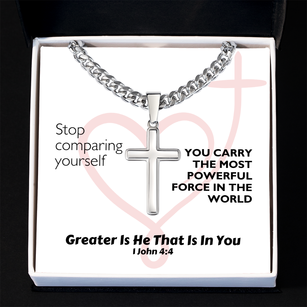 Greater Is He That Is In You (1 John 4:4) | Premium Sterling Silver Cuban Link Cross Necklace