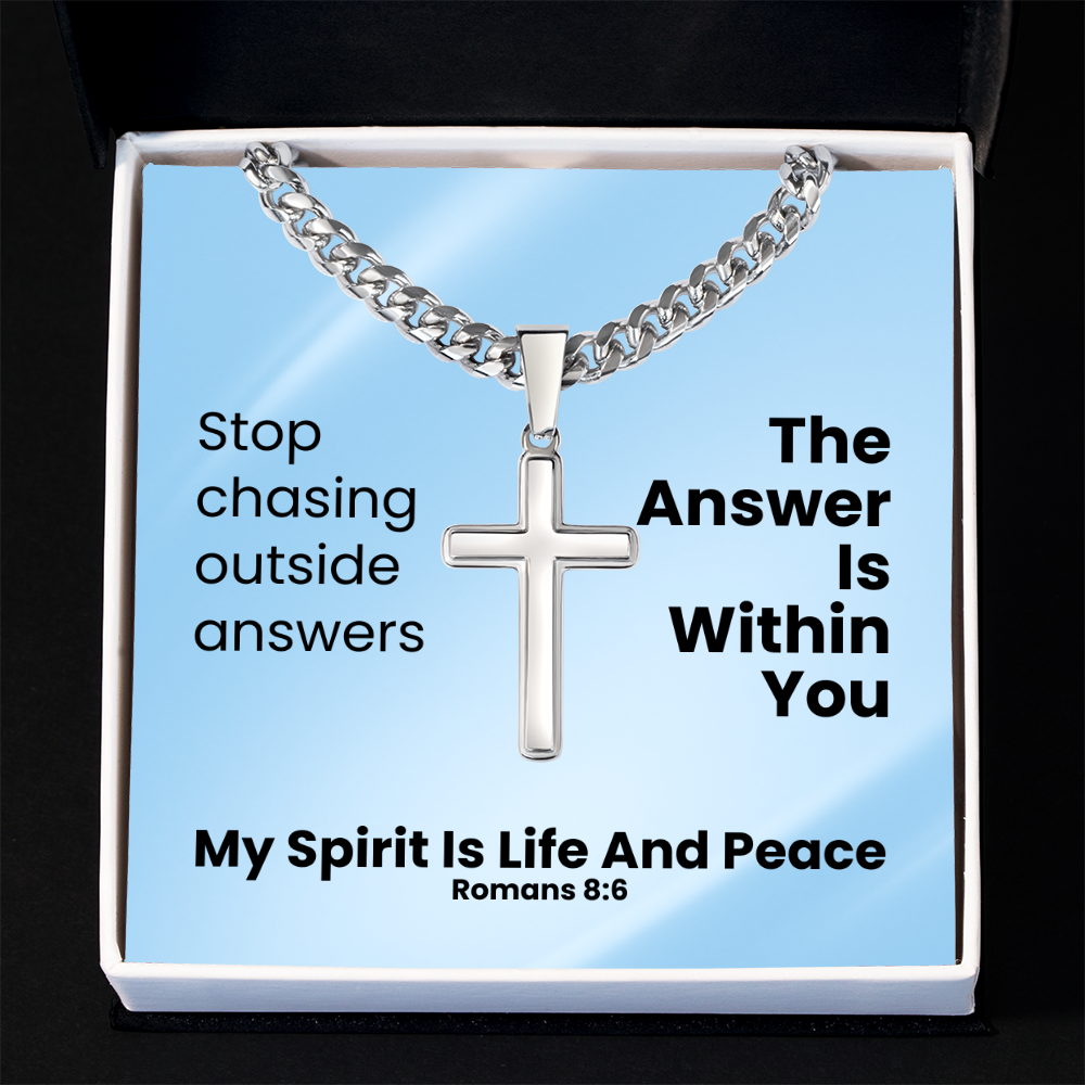 My Spirit Is Life And Peace (Romans 8:6) | Premium Sterling Silver Cuban Link Cross Necklace